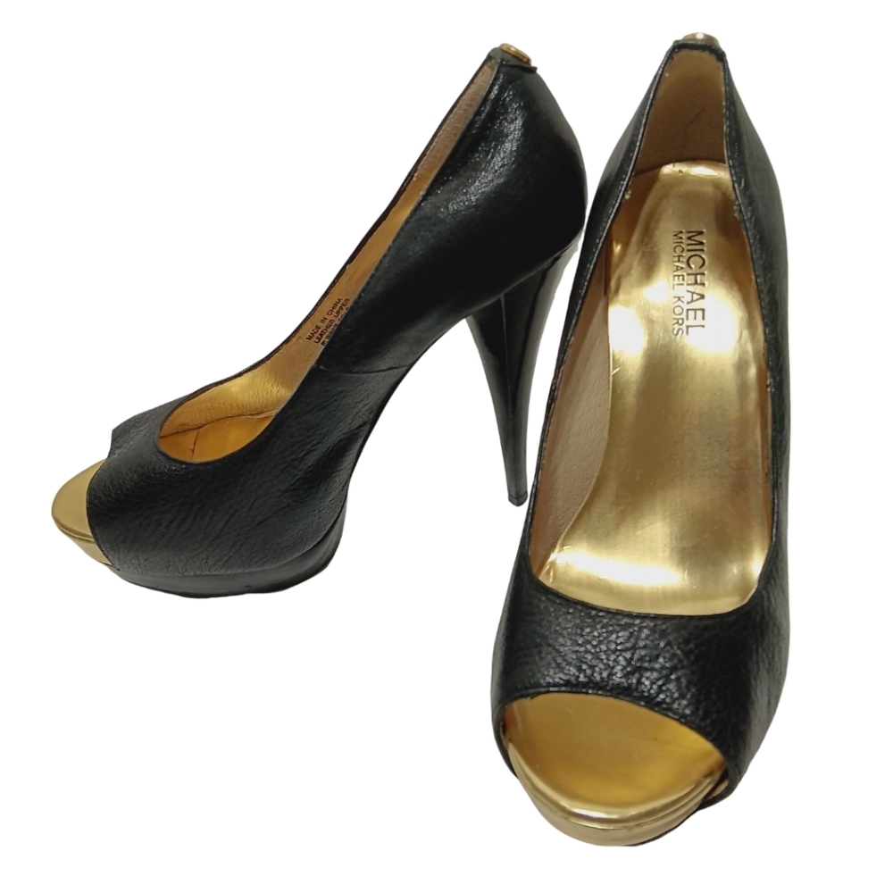 Michael Kors Black Leather Platform Peep Toe Stilettos Size 7.5 M Pumps Heels